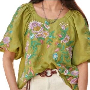 Sundance Catalog Green Floral  Embroidered  Boho Peasant Cottagcore Top XXL